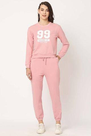 pink print cotton round neck women slim fit sweatshirts