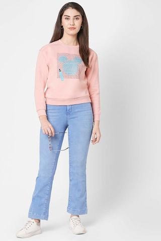 pink print cotton round neck women slim fit sweatshirts