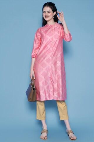 pink print ethnic band collar 3/4th sleeves knee length women a-line fit kurta