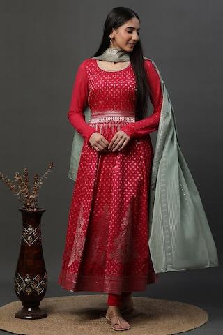 pink print ethnic full sleeves round neck women regular fit churidar kurta dupatta set