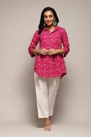 pink print formal three fourth sleeves regular collar women straight fit shirt