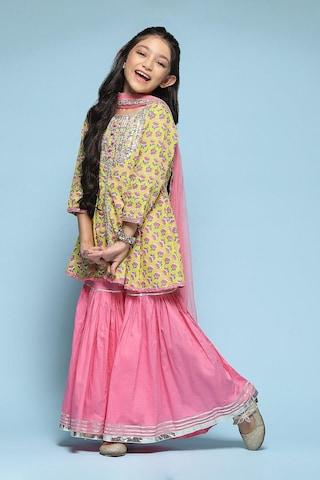 pink print full length ethnic girls front open kurta sharara set