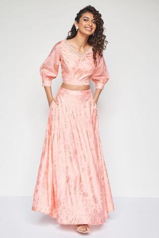 pink print full length ethnic women regular fit skirt top set