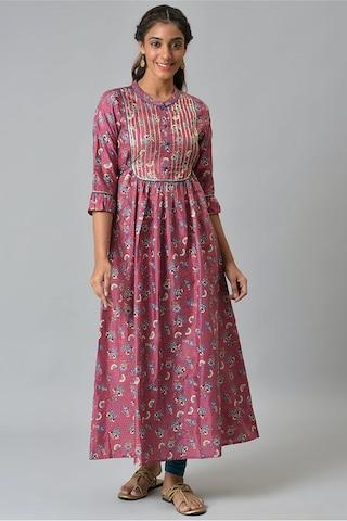 pink print mandarin ethnic 3/4th sleeves women flared fit dress