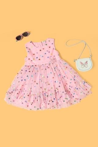 pink print round neck party knee length sleeveless girls regular fit dress