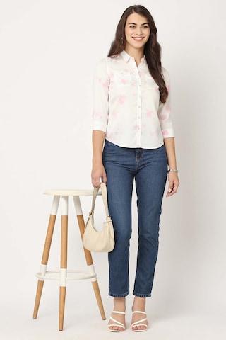 pink print tencel regular collar women slim fit shirts