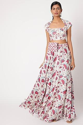 pink printed & embroidered lehenga set with bag belt