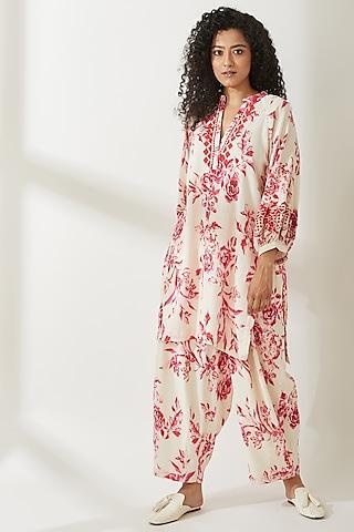 pink printed & embroidered tunic