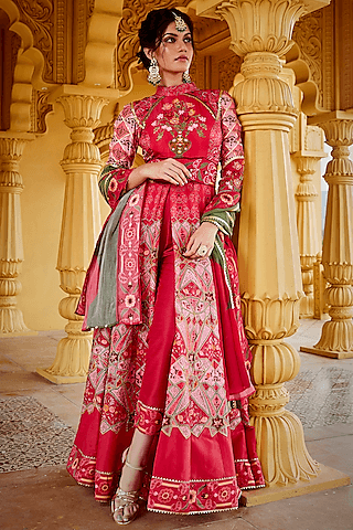 pink printed & hand embroidered anarkali set