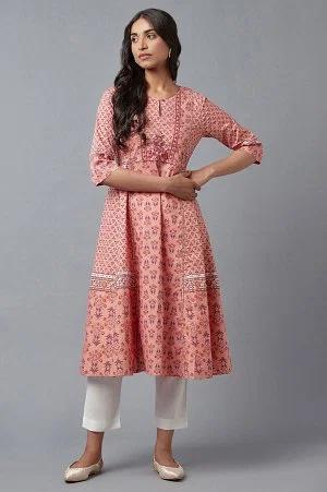 pink printed a-line kurta with thread embroidery