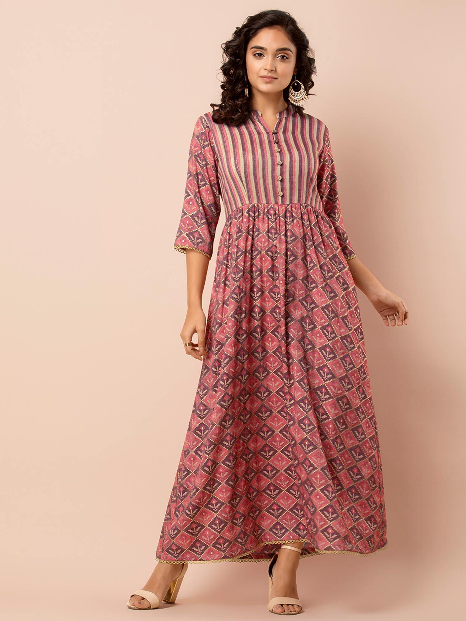 pink printed a-line with pockets maxi dress