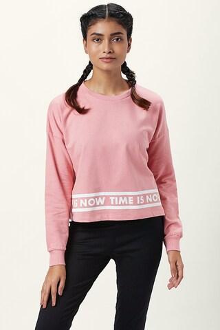 pink printed active wear full sleeves round neck women regular fit sweatshirt