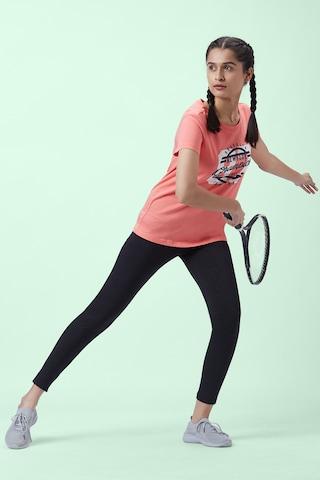 pink printed active wear half sleeves round neck women regular fit top