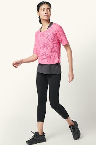 pink printed active wear half sleeves round neck women regular fit top