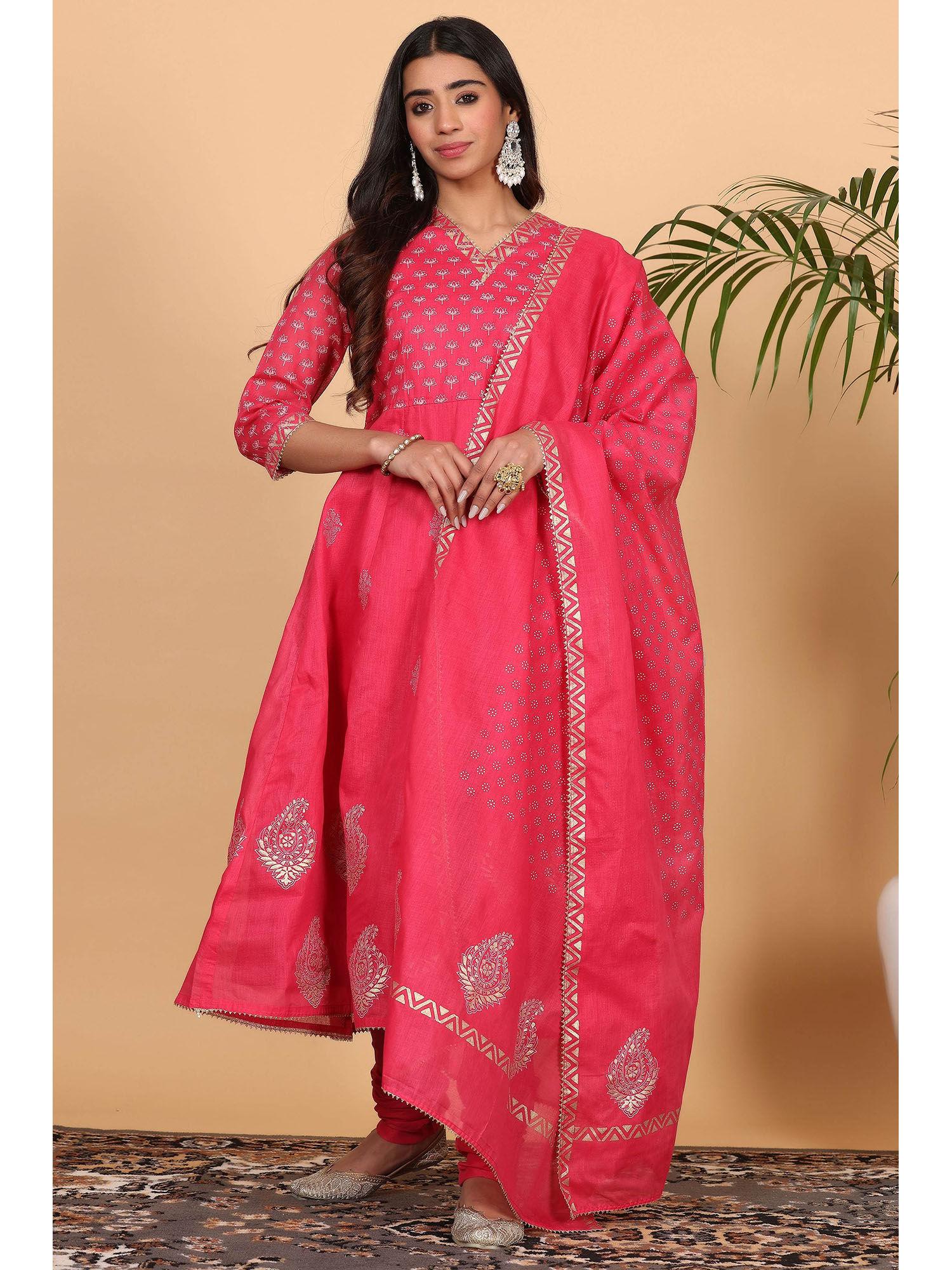 pink printed anarkali kurta dupatta with churidar (set of 3)