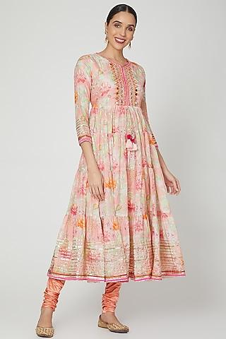 pink printed anarkali with churidar pants