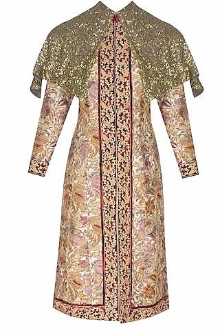 pink printed and embroidered sherwani kurta with cape and gathered pants