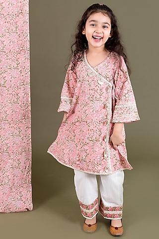 pink printed angrakha kurta set for girls