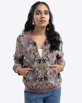 pink printed art georgette bomber jacket