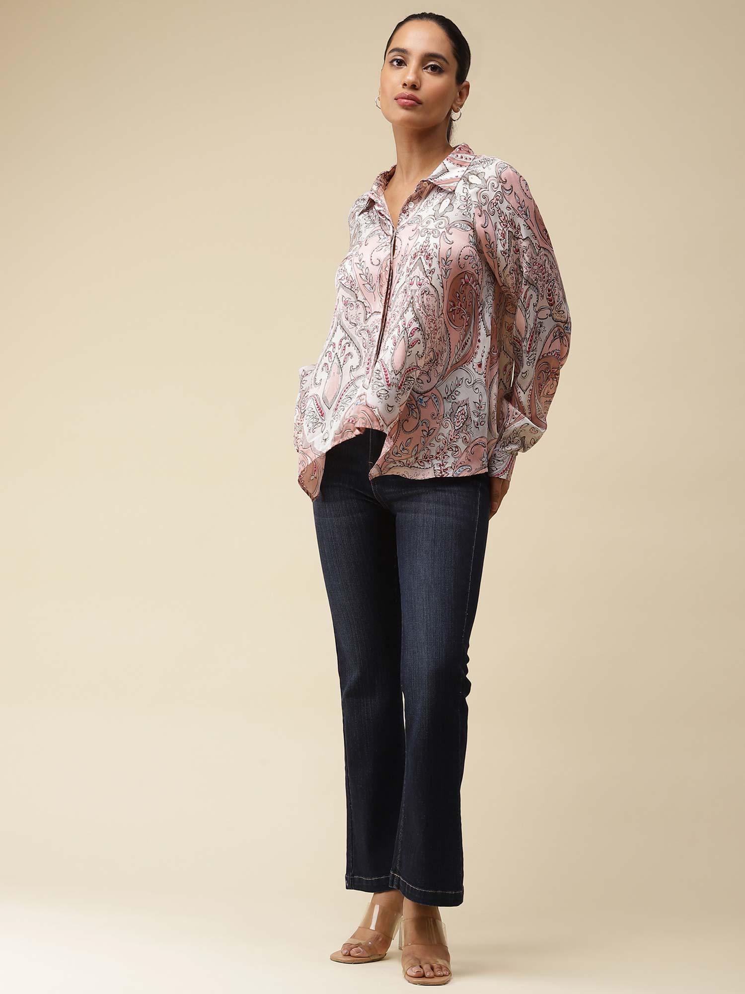 pink printed asymmetric satin shirt