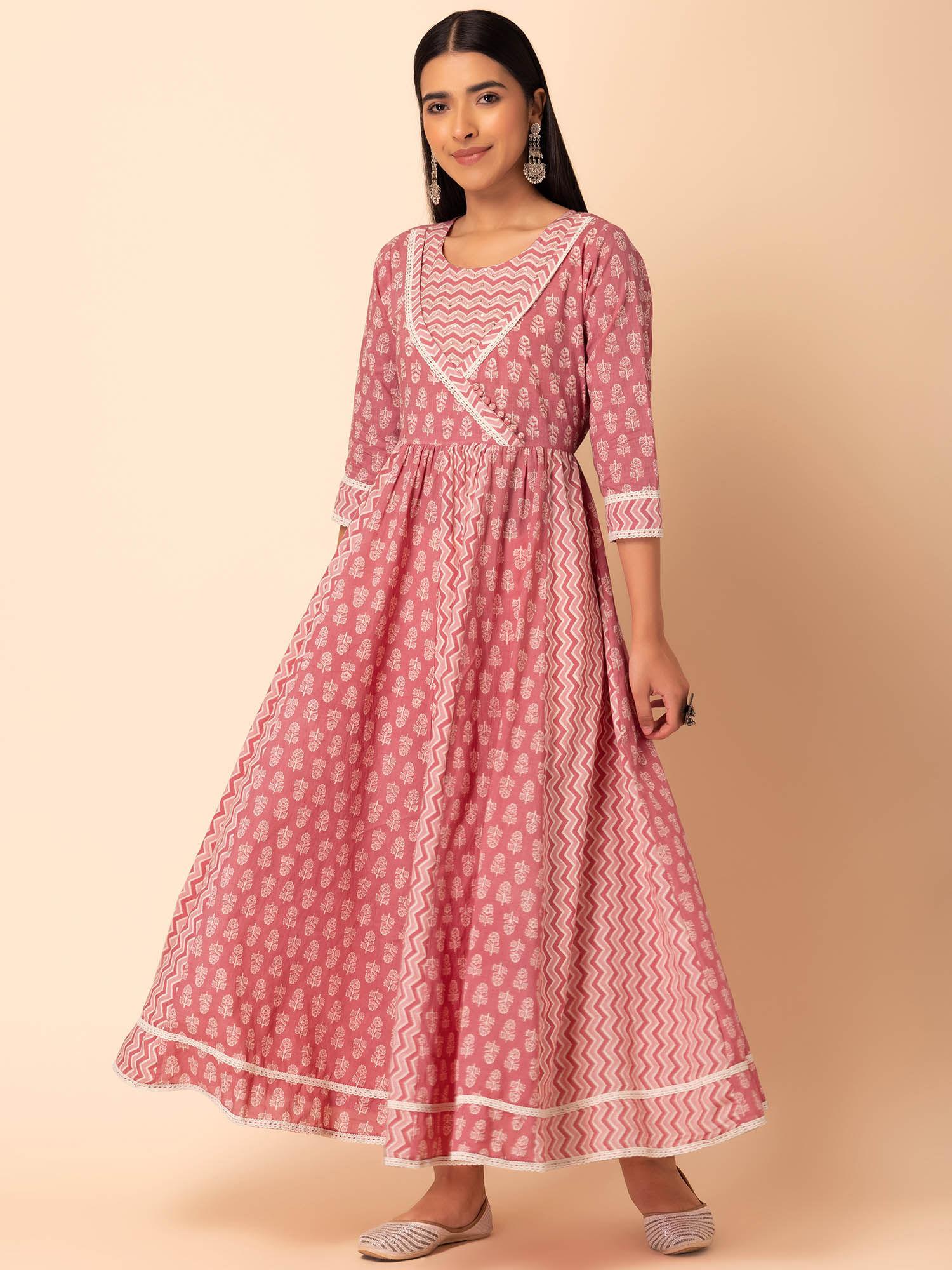 pink printed back tie up cotton kurta