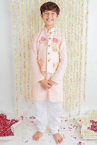 pink printed bundi jacket with kurta set for boys