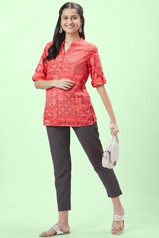 pink printed casual 3/4th sleeves mandarin women regular fit tunic