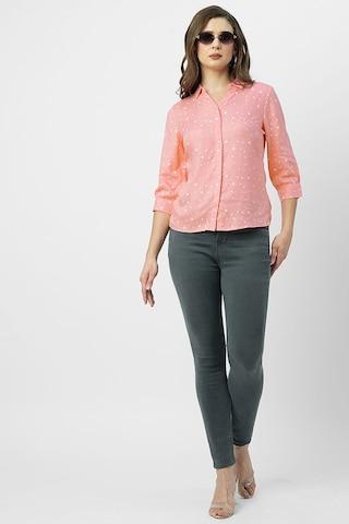 pink printed casual 3/4th sleeves regular collar women slim fit shirt