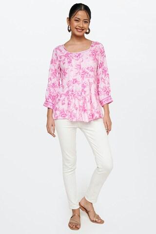 pink printed casual 3/4th sleeves square neck women flared fit top