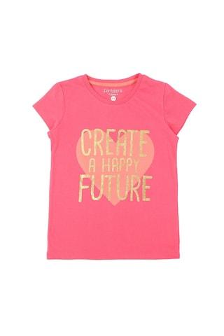 pink printed casual cap sleeves round neck girls regular fit t-shirt