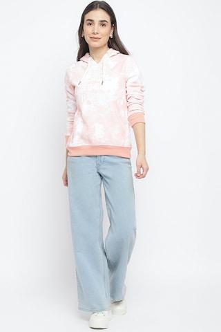 pink printed casual full sleeves regular hood women classic fit sweatshirt