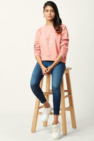 pink printed casual full sleeves round neck women regular fit sweatshirt