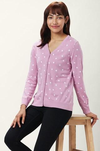 pink printed casual full sleeves v neck women regular fit cardigan