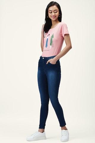 pink printed casual half sleeves round neck women regular fit t-shirt