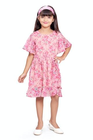 pink printed casual short sleeves round neck girls regular fit frock