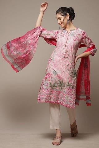 pink printed casual v neck 3/4th sleeves ankle-length women straight fit pant kurta dupatta set