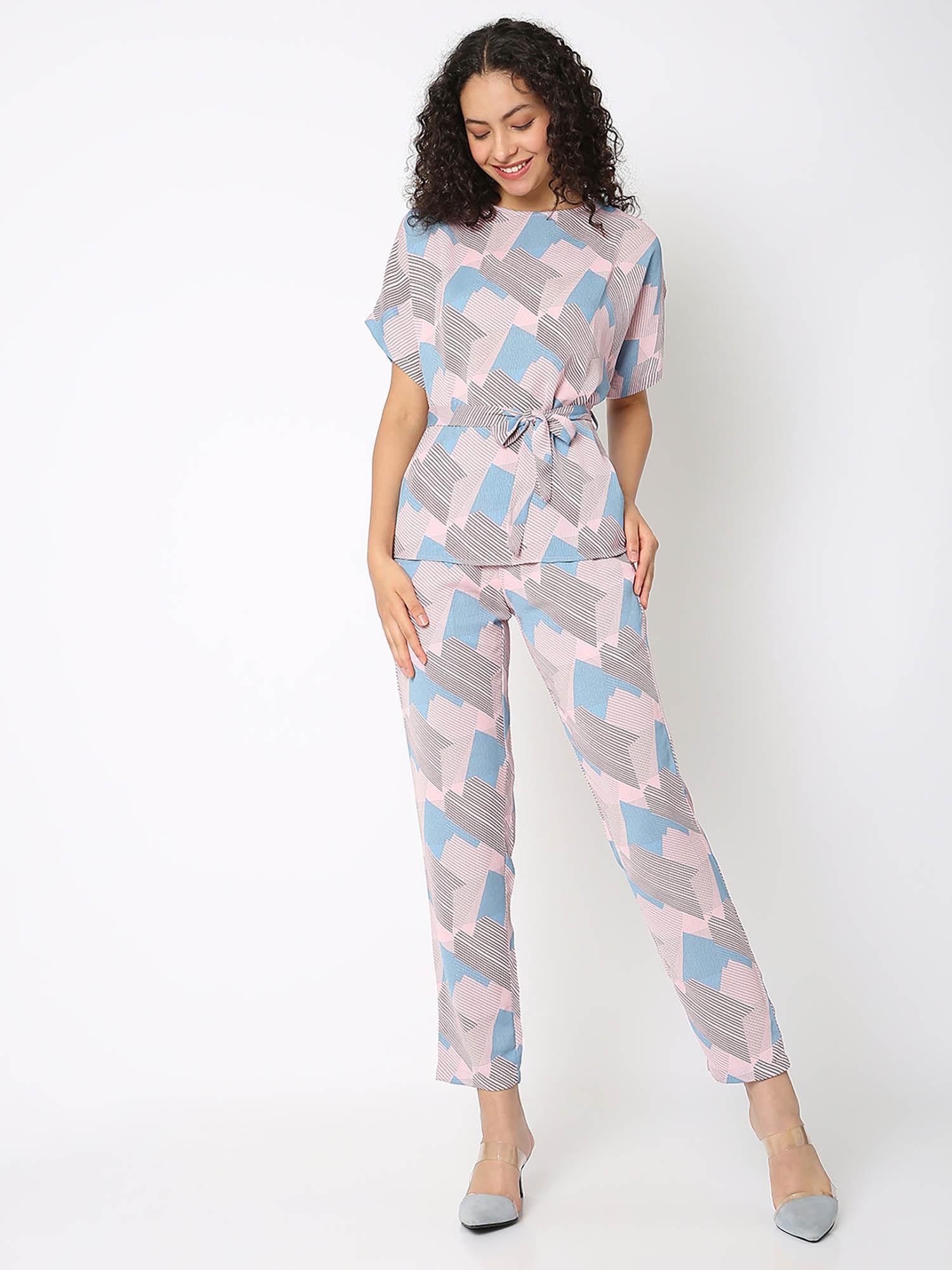 pink printed co-ord with tie up detailing (set of 3)