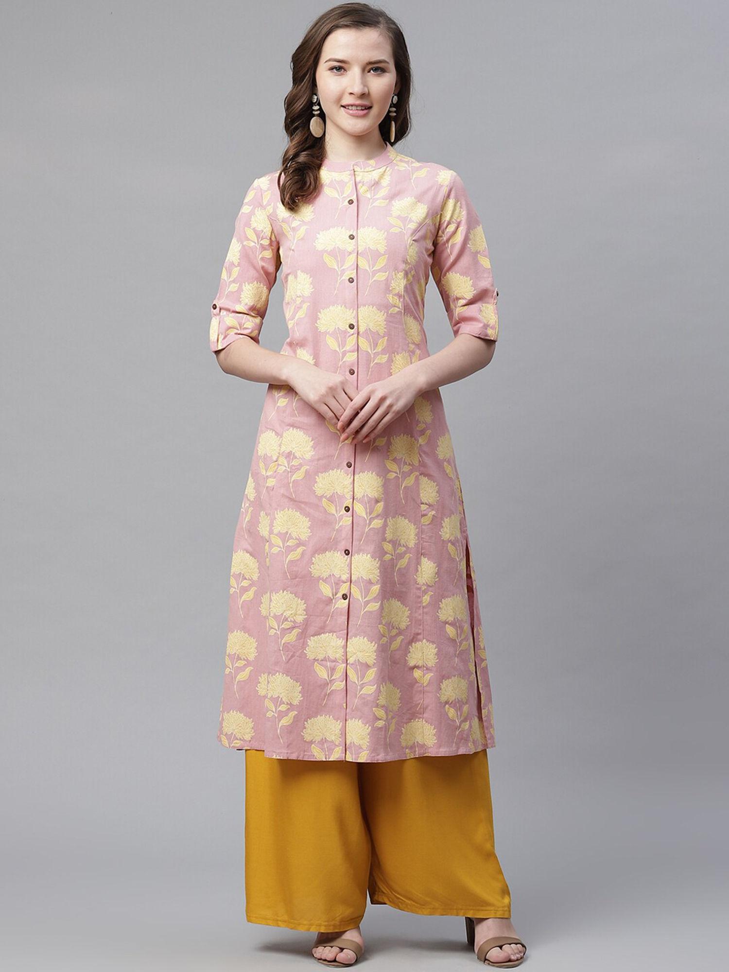 pink printed cotton a line kurti