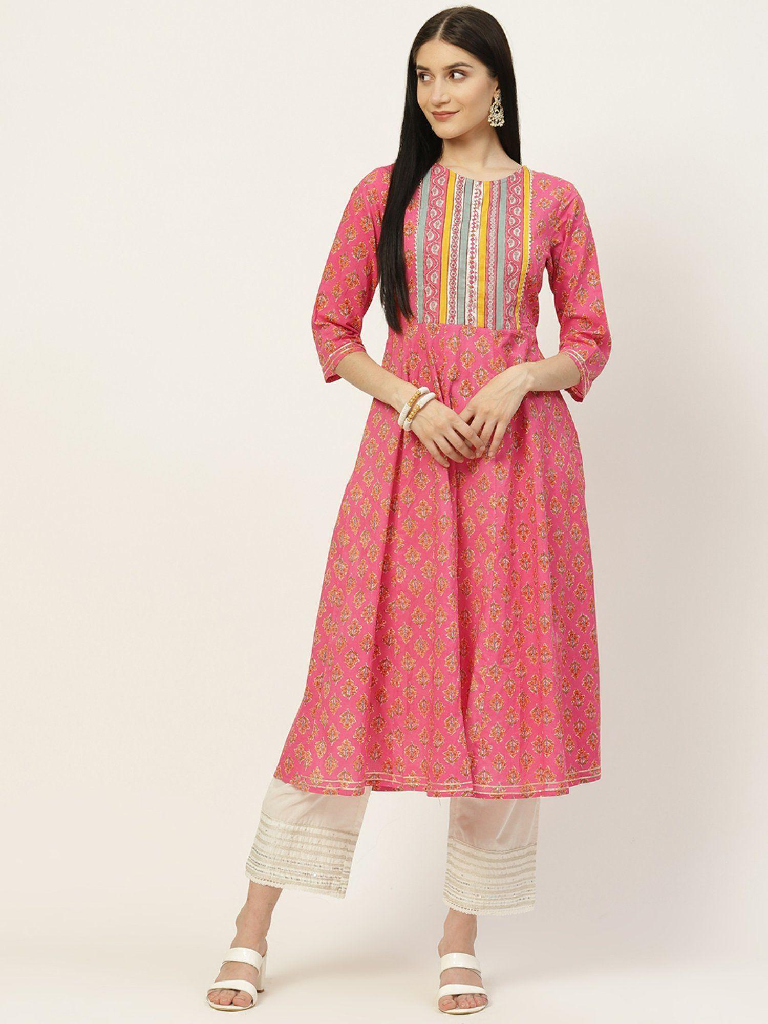 pink printed cotton anarkali kurta