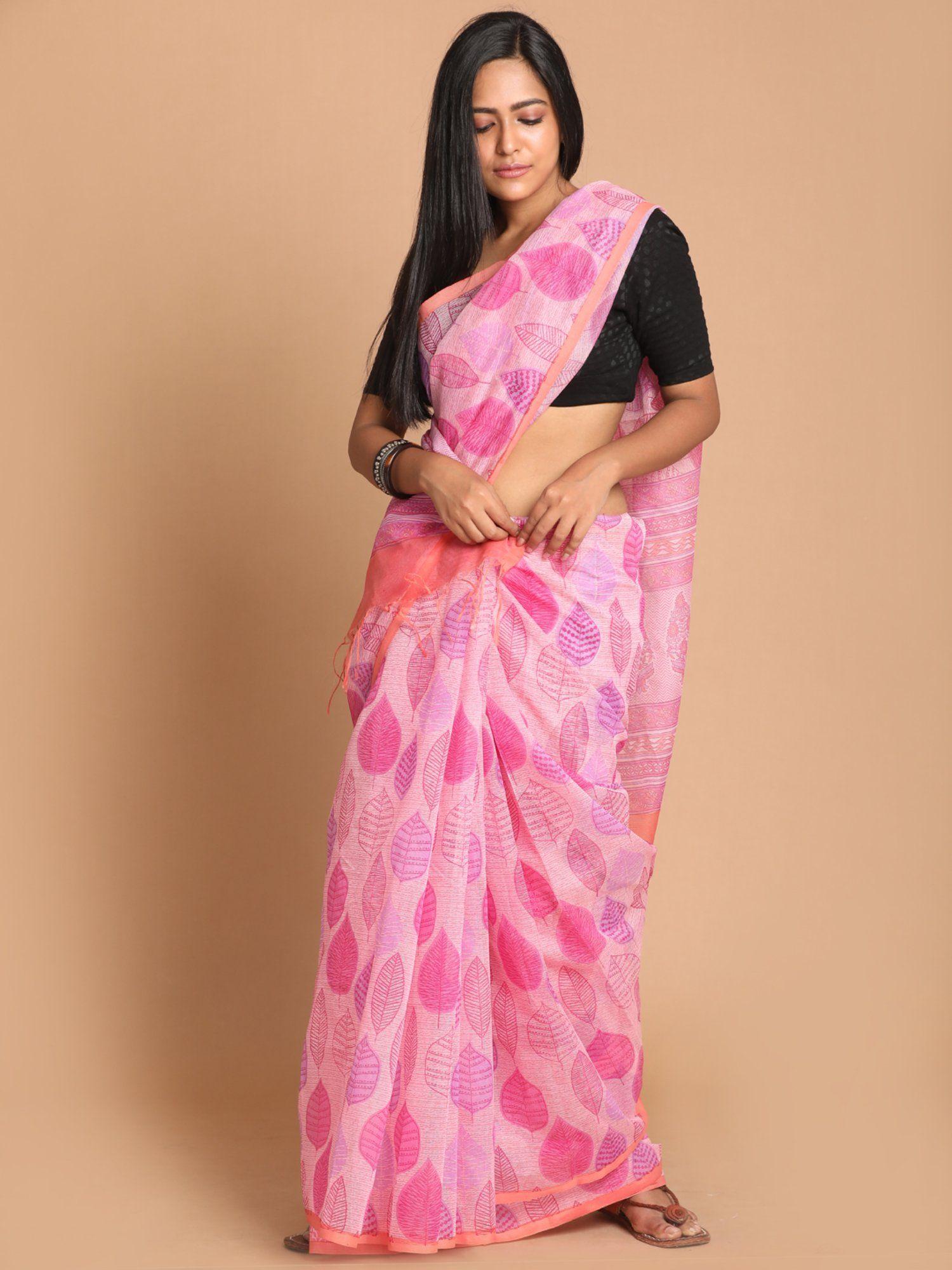 pink printed cotton blend saree with unstitched blouse