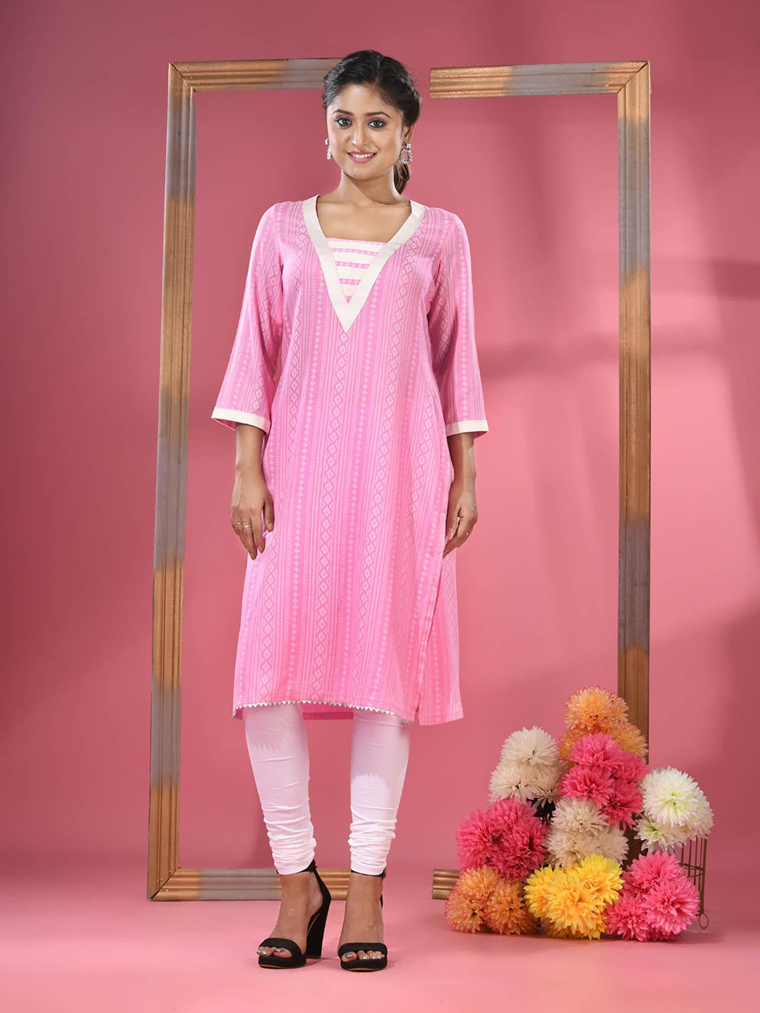 pink printed cotton kurta with gota patti lace