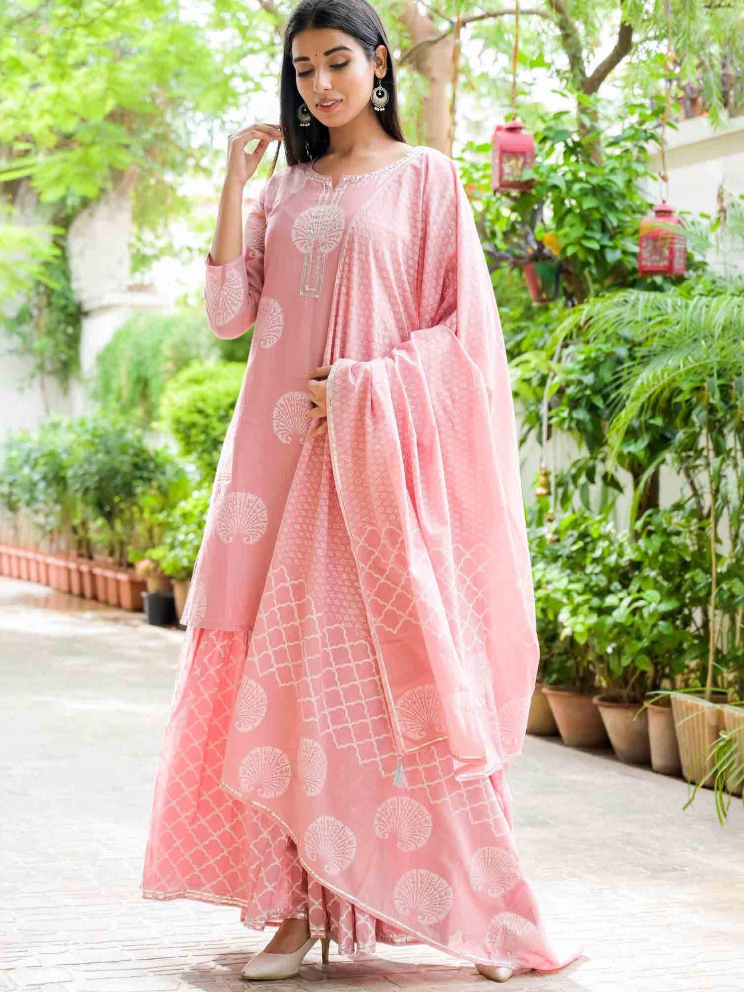 pink printed cotton kurta with sharara and dupatta (set of 3)
