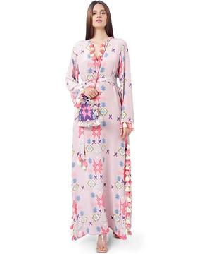 pink printed crepe high-slit kaftan with belt