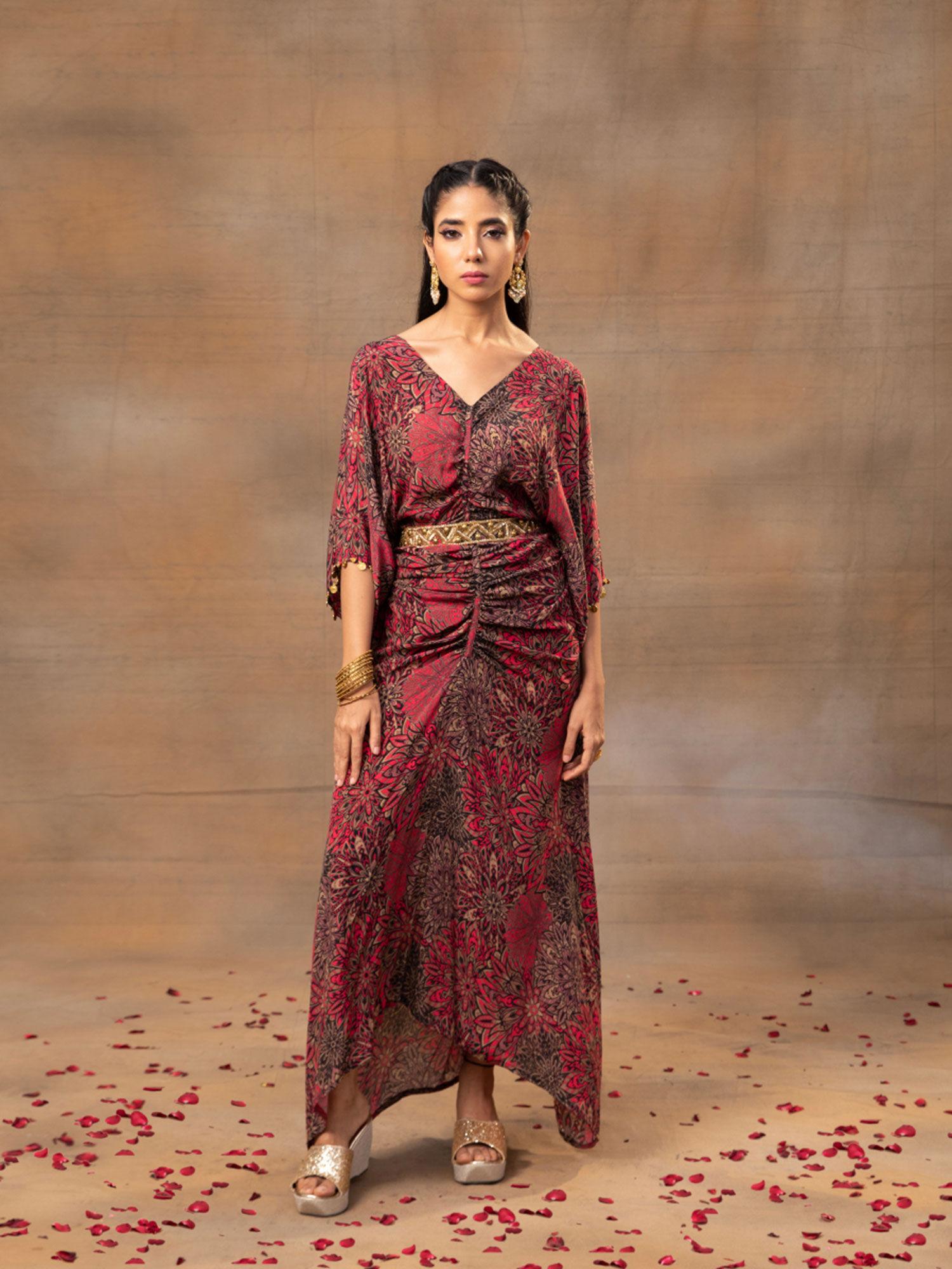 pink printed draped dress with embroidered belt (set of 2)