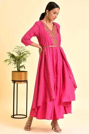 pink printed draped jumpsuit with embroidered belt