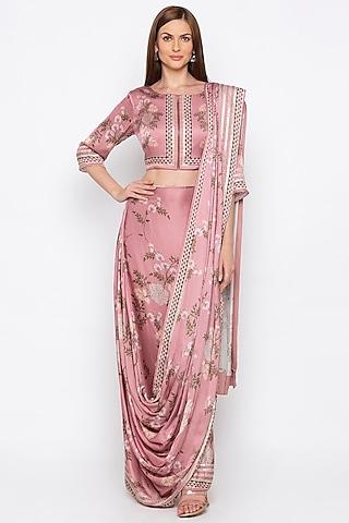 pink printed draped saree set