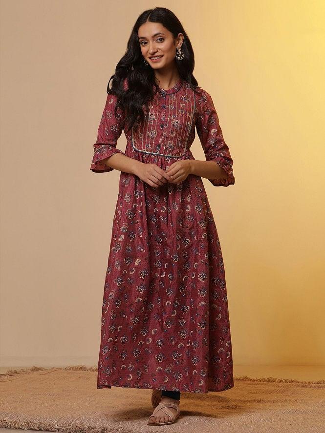 pink printed embroidered a-line kurta and tights set