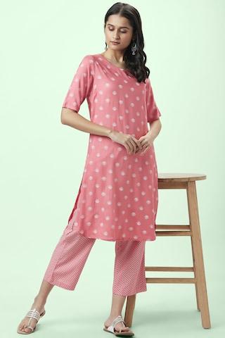 pink printed ethnic round neck 3/4th sleeves calf-length women regular fit kurta pant set