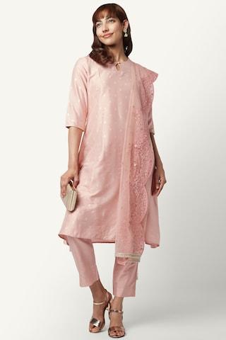 pink printed ethnic round neck 3/4th sleeves calf-length women regular fit pant kurta dupatta set