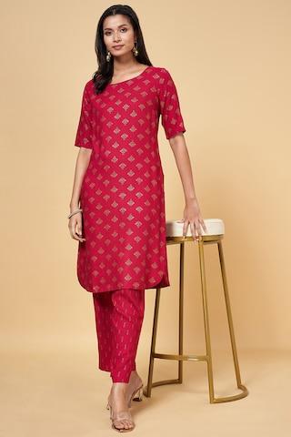 pink printed ethnic round neck elbow sleeves calf-length women regular fit kurta pant set